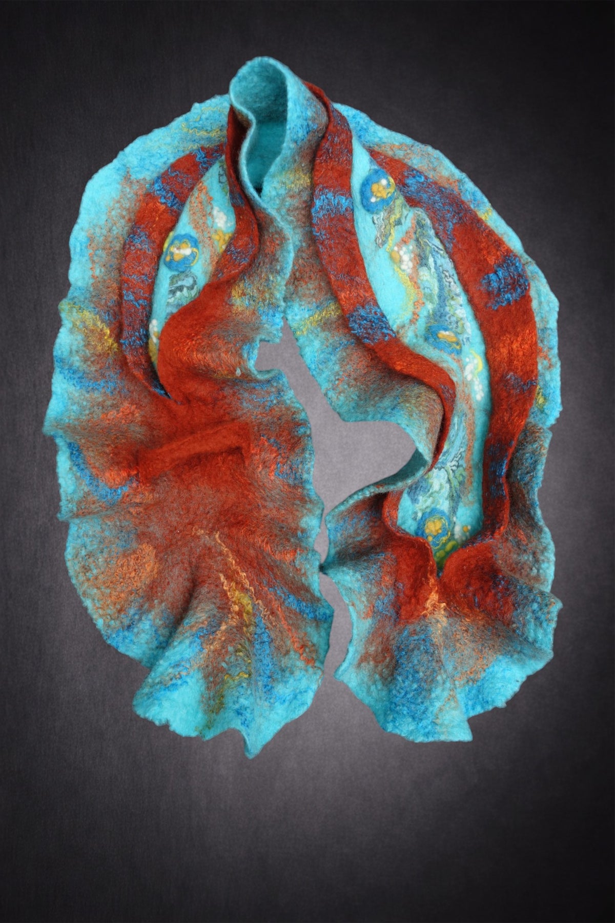 Turquoise & Reddish-Terracotta Sculptural Hand-Felted Merino Wool Scarf