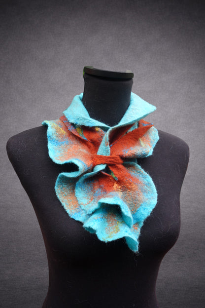 Turquoise & Reddish-Terracotta Sculptural Hand-Felted Merino Wool Scarf