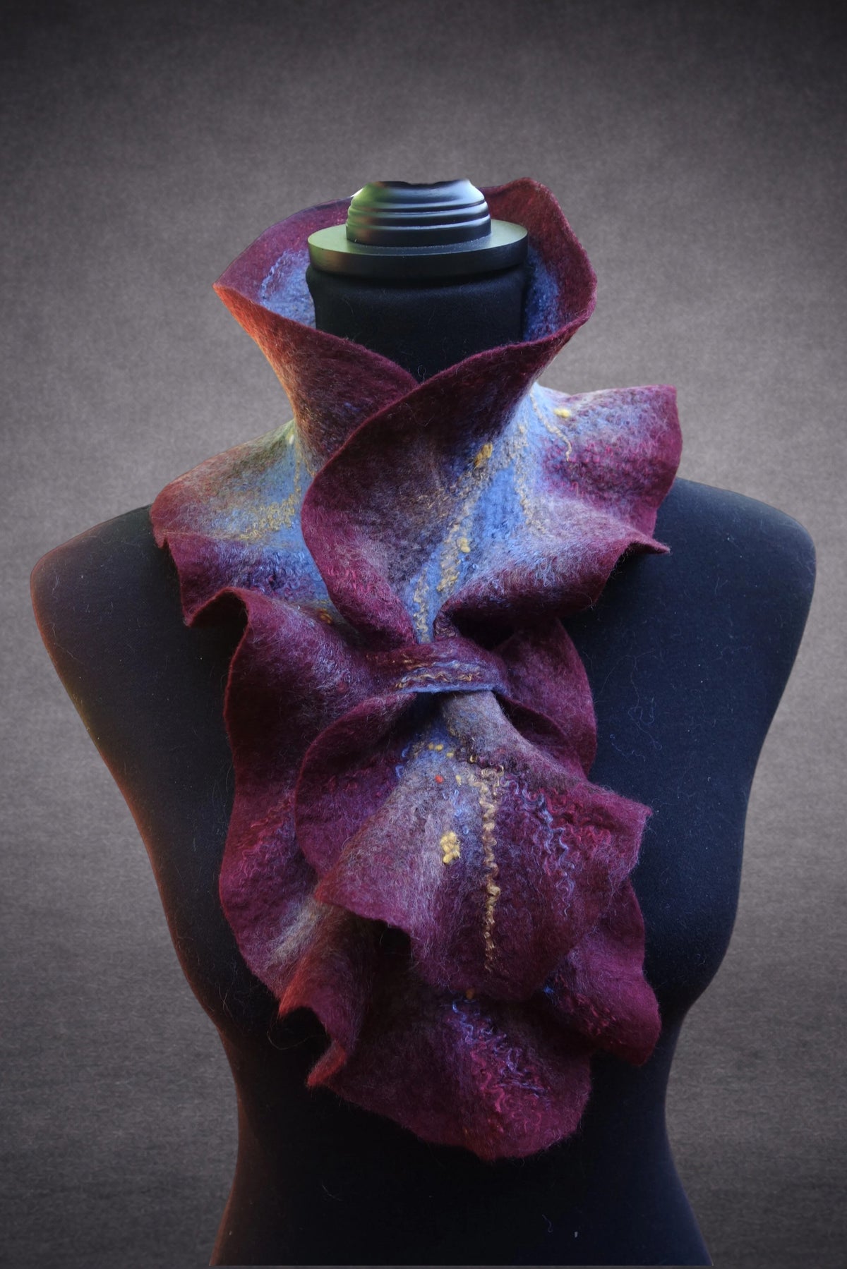 Burgundy & Blue Sculptural Hand-Felted Merino Wool Scarf