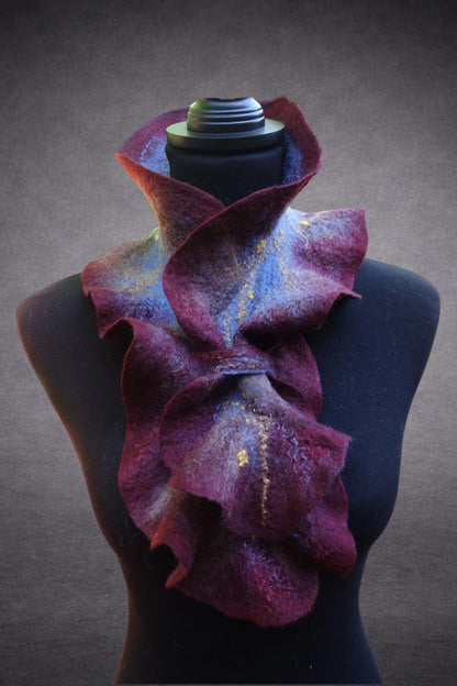 Burgundy & Blue Sculptural Hand-Felted Merino Wool Scarf